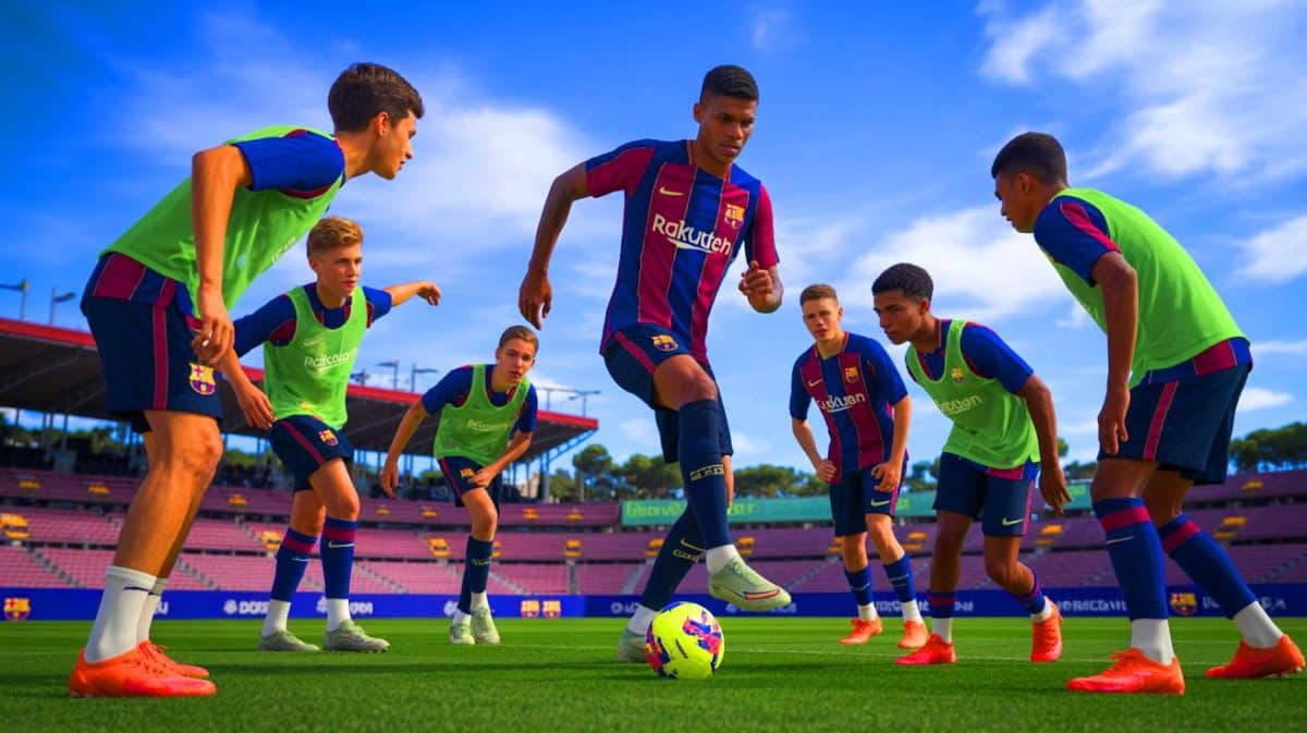 Illustration de Marcus Rashford s'intégrant au FC Barcelone et inspirant les jeunes joueurs.