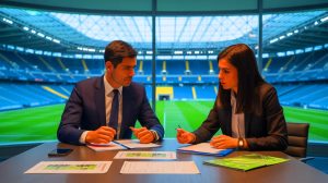 Illustration de Paulo Fonseca et Michele Kang discutant de la stratégie future de l'Olympique Lyonnais.