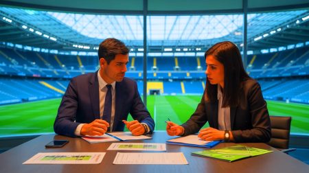 Illustration de Paulo Fonseca et Michele Kang discutant de la stratégie future de l'Olympique Lyonnais.