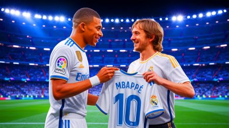 Illustration de la passation du numéro 10 de Luka Modric à Kylian Mbappé au Real Madrid.
