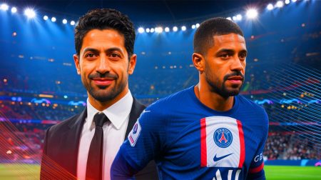 Illustration de Nasser al-Khelaïfi défendant Ousmane Dembélé lors du tirage au sort de la Ligue des Champions.