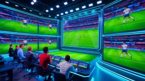 Illustration de la chaîne Ligue 1+ diffusant un match avec des innovations technologiques.