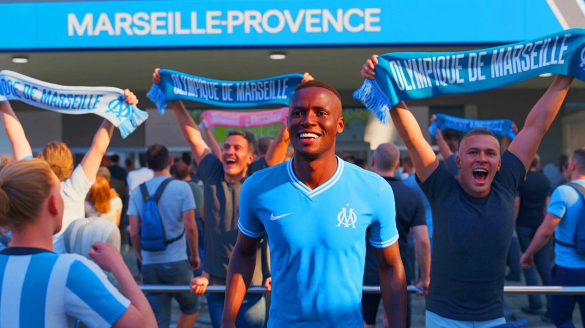 Illustration de l'arrivée de Timothy Weah à l'aéroport de Marseille, acclamé par des centaines de supporters.