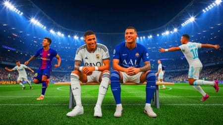Illustration de la sélection d'équipe de rêve d'Achraf Hakimi avec Lionel Messi, Cristiano Ronaldo, Ronaldo et Kylian Mbappé sur le banc.