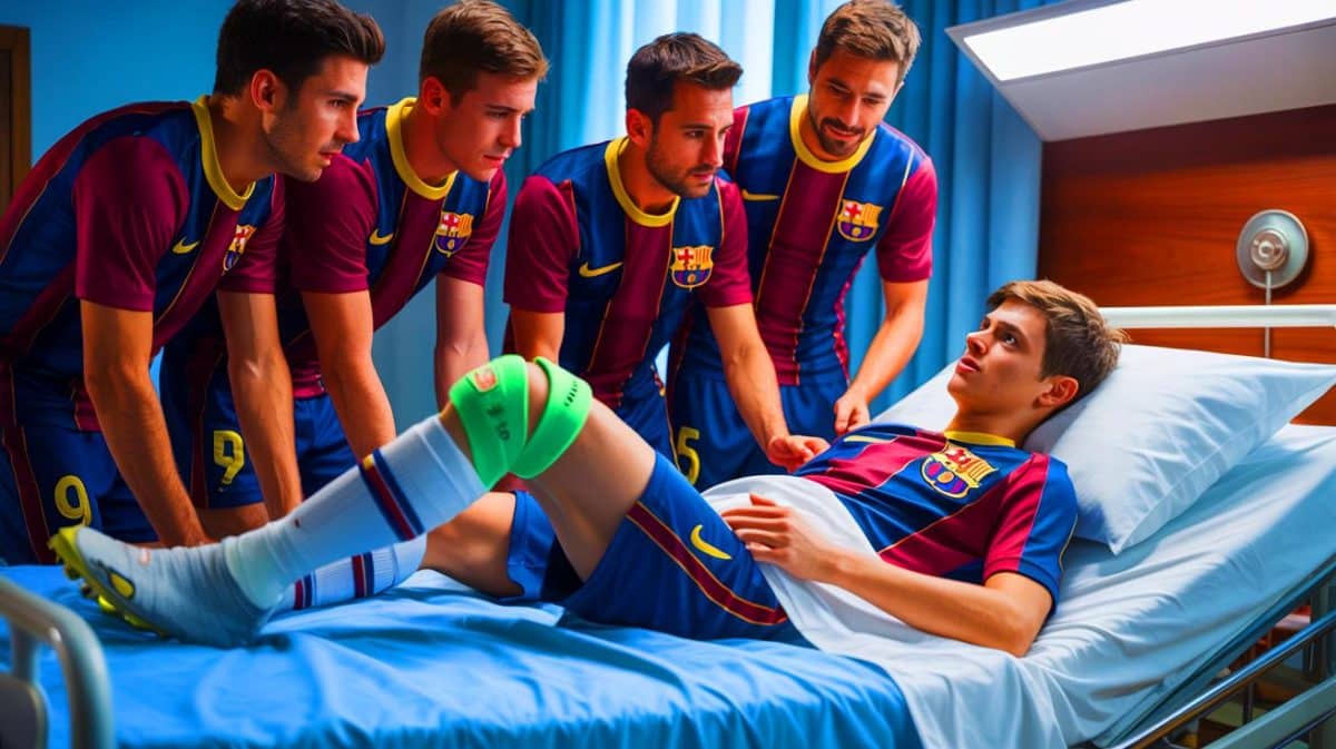 Illustration de Gavi à l'hôpital entouré de ses coéquipiers du FC Barcelone.