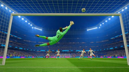 Illustration de Géronimo Rulli réalisant un arrêt spectaculaire lors du match de Ligue des Champions contre le Real Madrid.