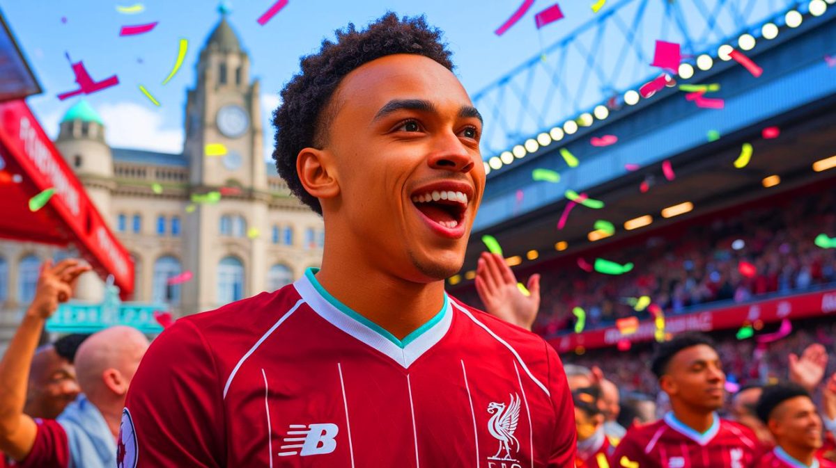 Illustration de Trent Alexander-Arnold lors des célébrations de Liverpool, avant son transfert anticipé au Real Madrid.