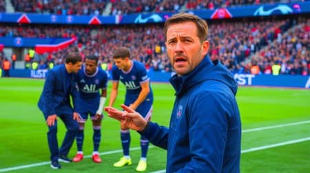 Illustration de l'entraîneur Luis Enrique préoccupé par les blessures de Vitinha et Khvicha Kvaratskhelia.