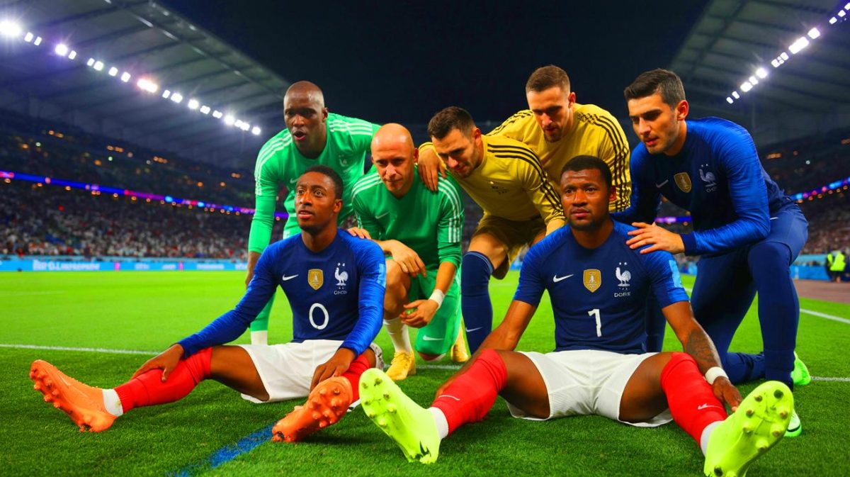 Illustration de l'équipe de France célébrant sa victoire malgré les blessures de Dembélé et Doué.