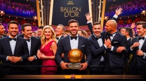 Illustration de la délégation du FC Barcelone au Ballon d'Or avec des joueurs et dirigeants présents au Théâtre du Châtelet.