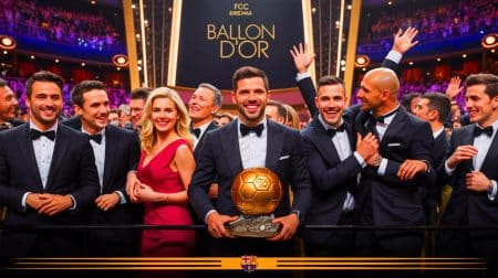 Illustration de la délégation du FC Barcelone au Ballon d'Or avec des joueurs et dirigeants présents au Théâtre du Châtelet.