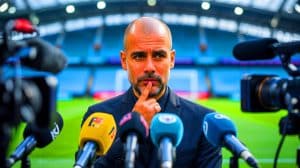 Illustration de Pep Guardiola discutant de la gestion des blessures de Rodri chez Manchester City.