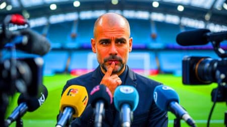 Illustration de Pep Guardiola discutant de la gestion des blessures de Rodri chez Manchester City.