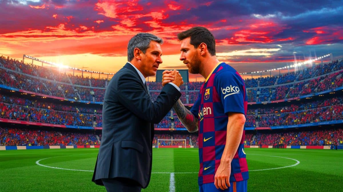 Illustration de Joan Laporta s'exprimant sur sa relation avec Lionel Messi et l'avenir du FC Barcelone.