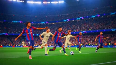 Illustration de la confrontation intense entre le FC Barcelone et le PSG lors de la Ligue des Champions.