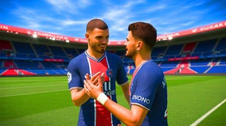 Illustration de Lucas Hernandez et Nuno Mendes discutant sur le terrain du PSG.