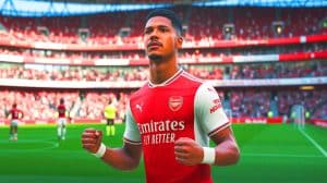 Illustration de William Saliba célébrant sa prolongation de contrat avec Arsenal.