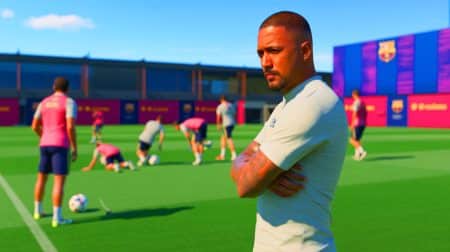 Illustration de Jérôme Boateng observant les méthodes d'entraînement au FC Barcelone.