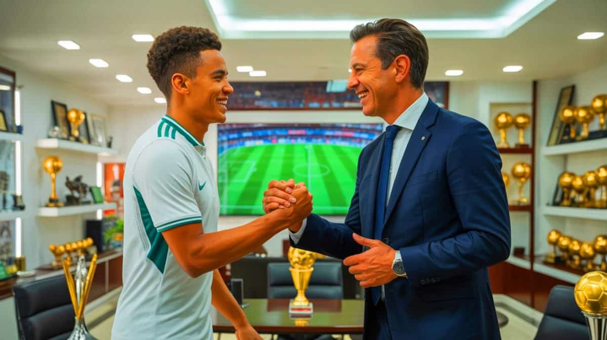 Illustration de Mateus Mide posant aux côtés de Jorge Mendes, officialisant leur partenariat.